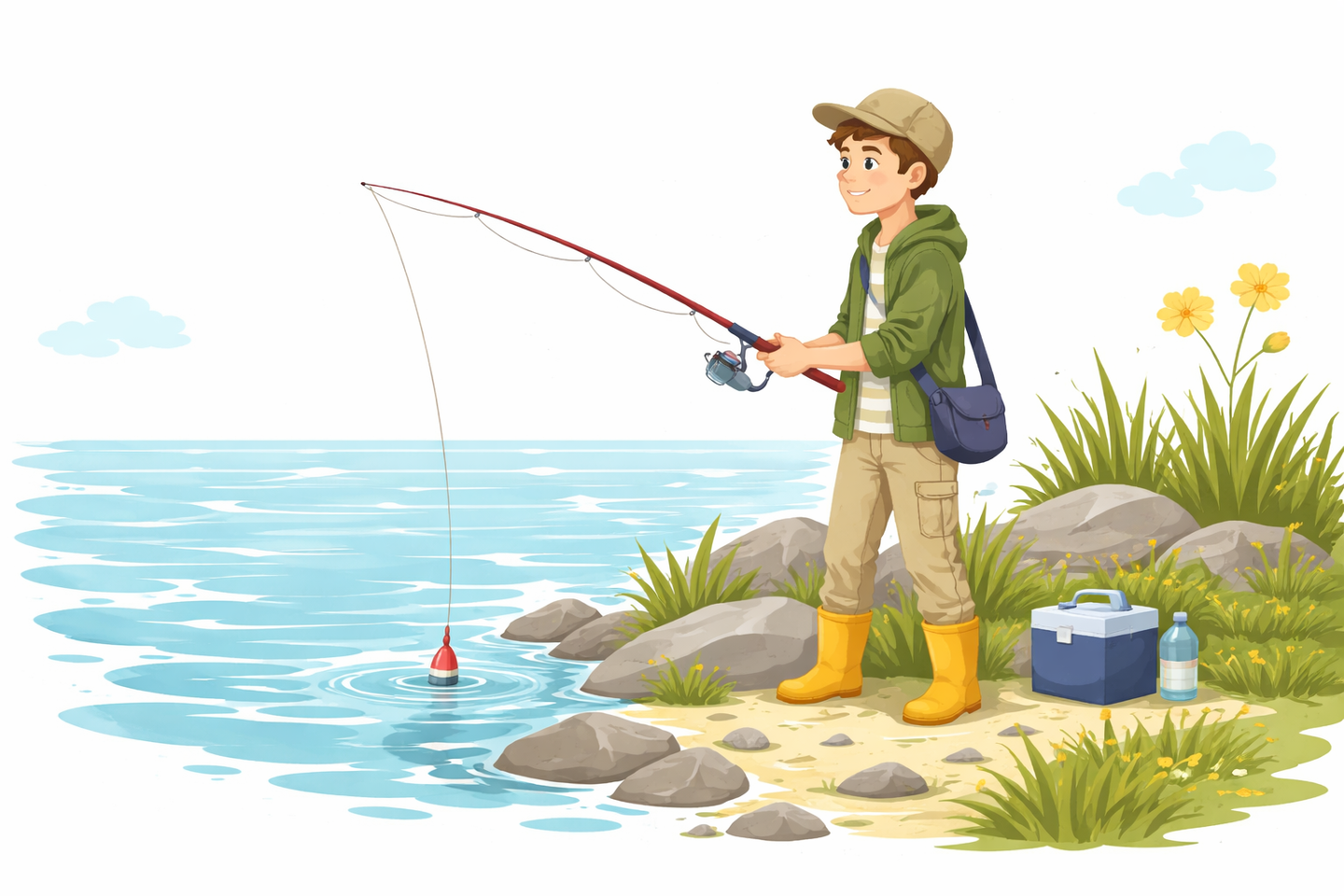 春の服装で海釣りをする人