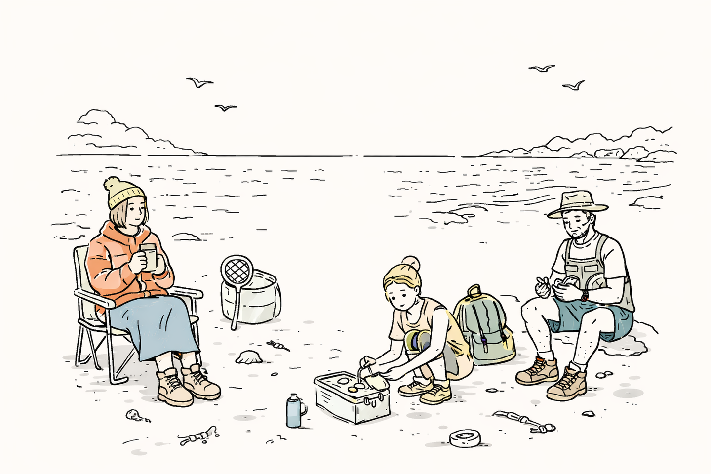 おしゃれな服装で海釣りをする人